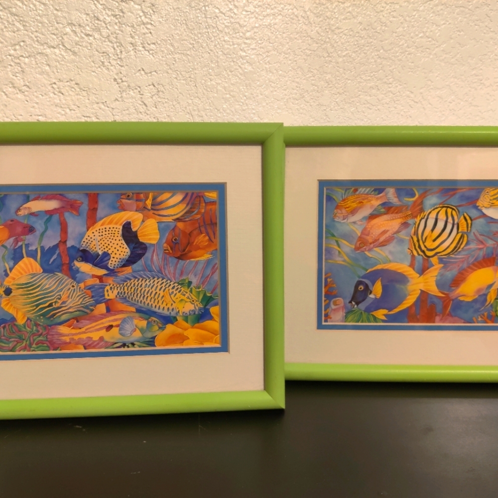 Pair of tropical fish pictures in matted frames